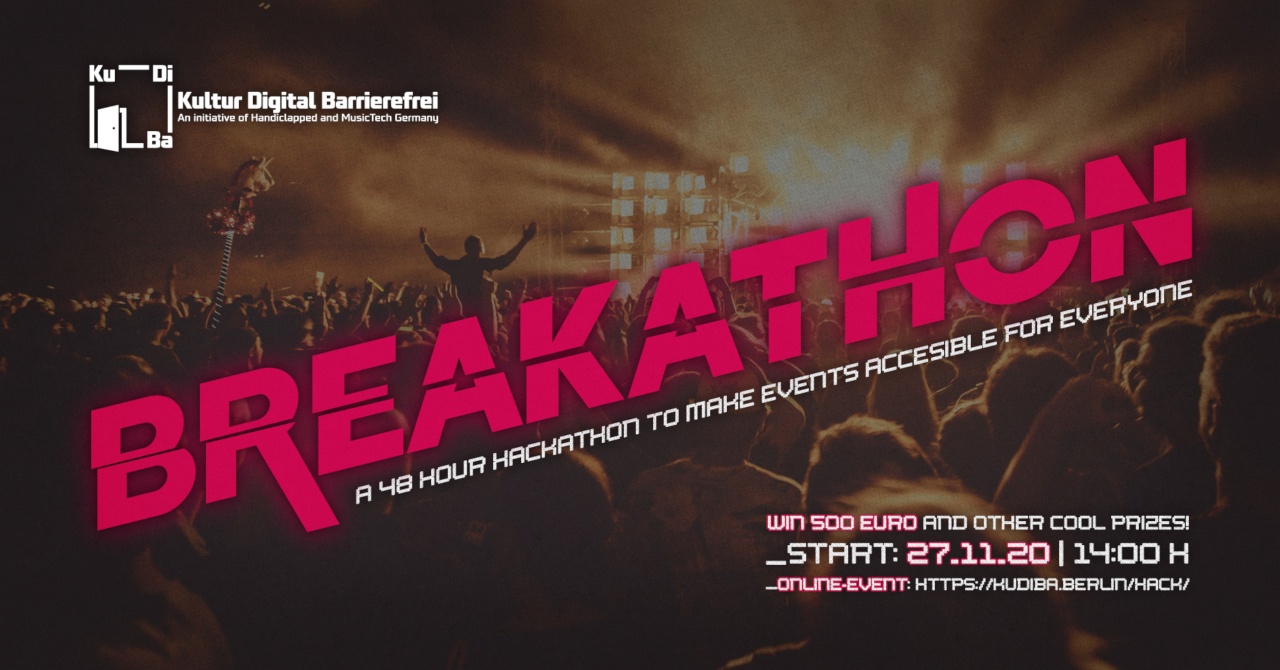 Picture of a a sheering crowd in front of a concert stage, with text "breakathon - a 48 hours Hackathon"